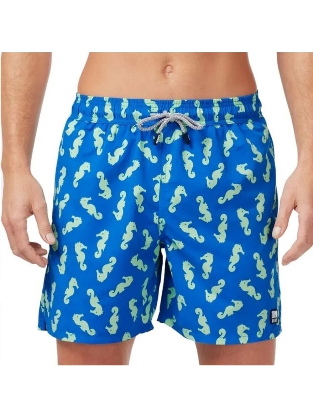 TOM & TEDDY Blue Seahorse Print Quick Drying men's Swim Trunks Medium EUC